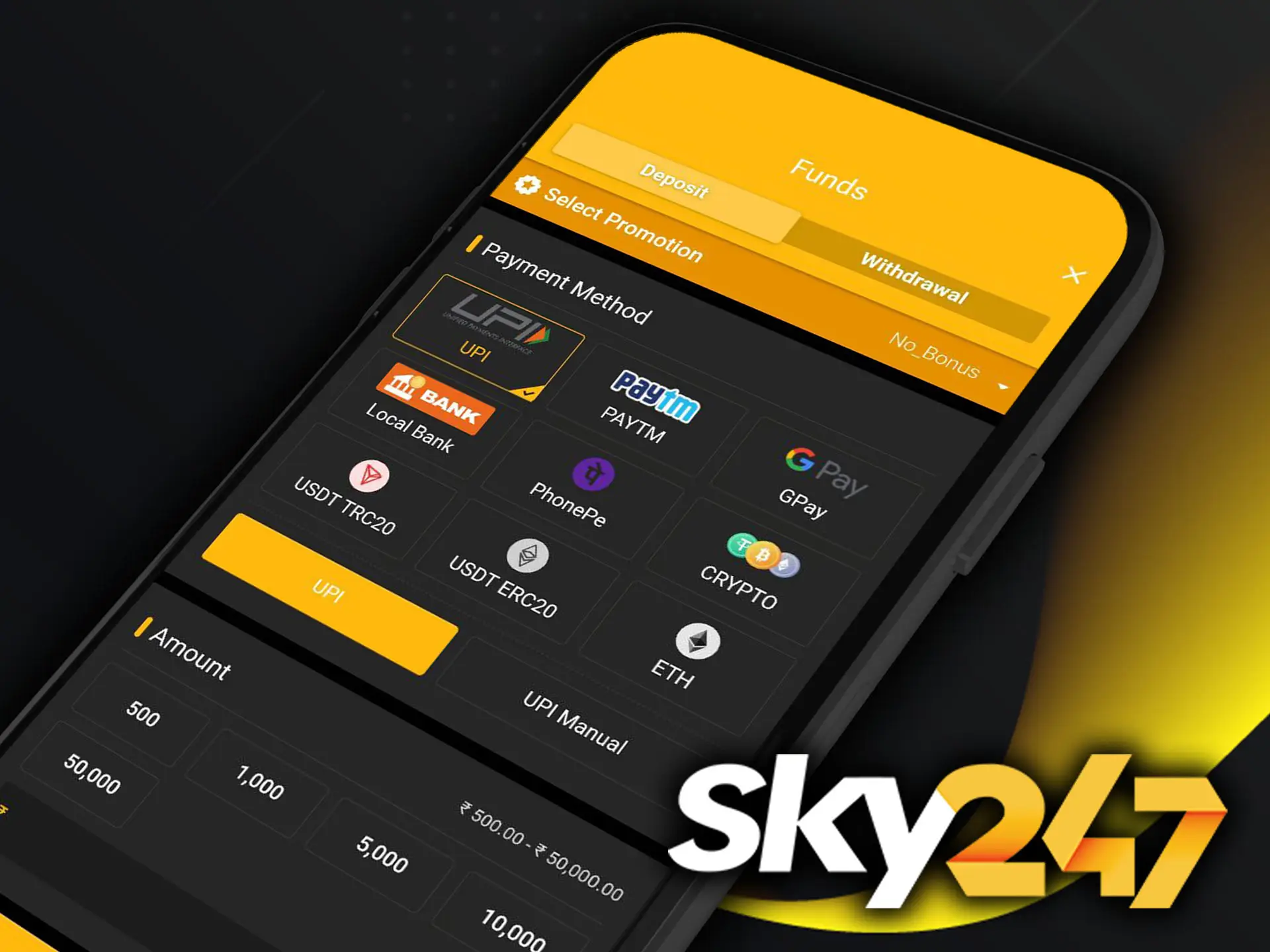 Use only favourable and convenient for you deposit and withdrawal methods at Sky247 Casino.