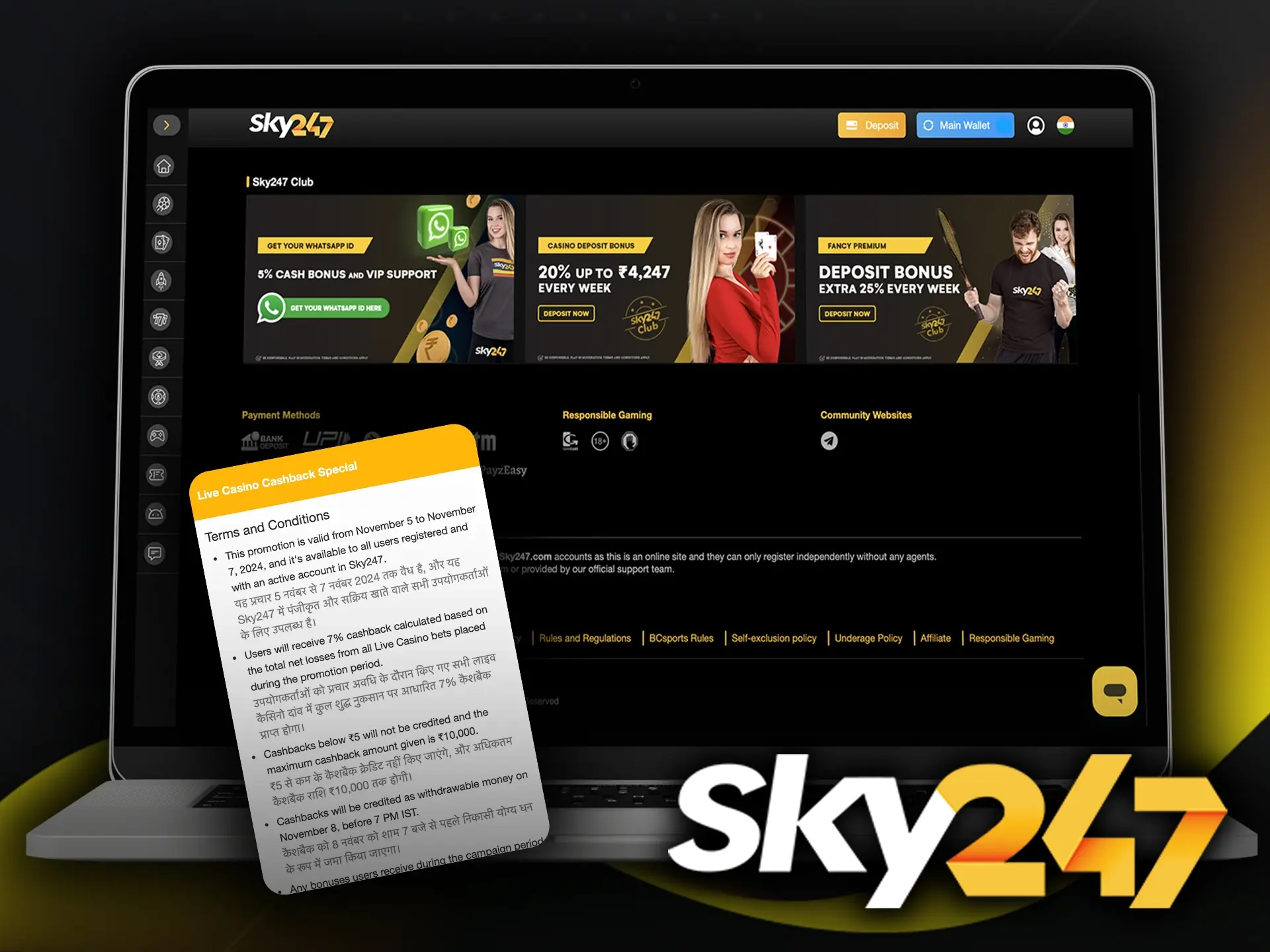 Explore the wagering and usage rules for promotions and bonuses at Sky247 gambling site.