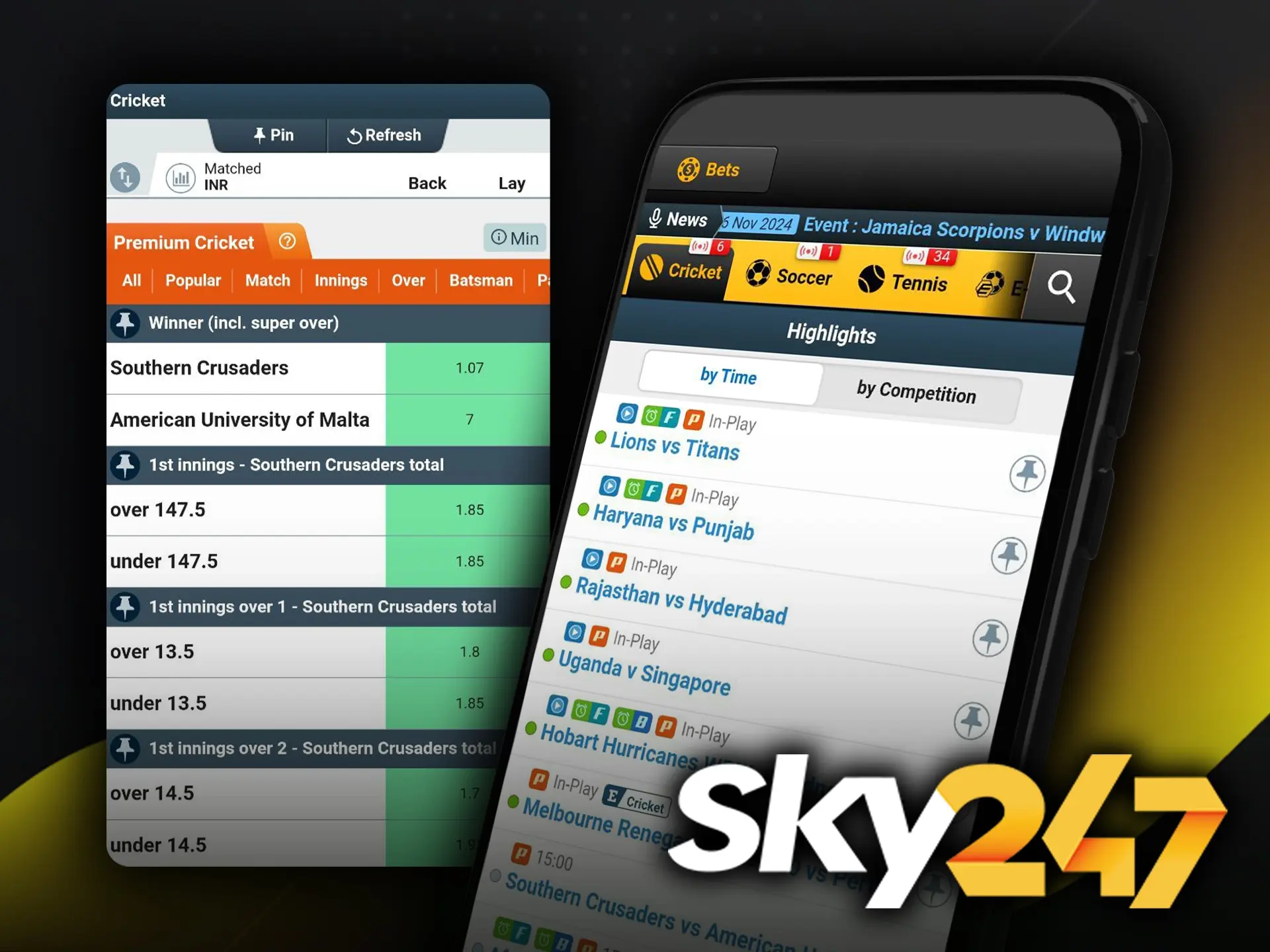 The Sky247 app is always stable and available for your cricket betting needs.