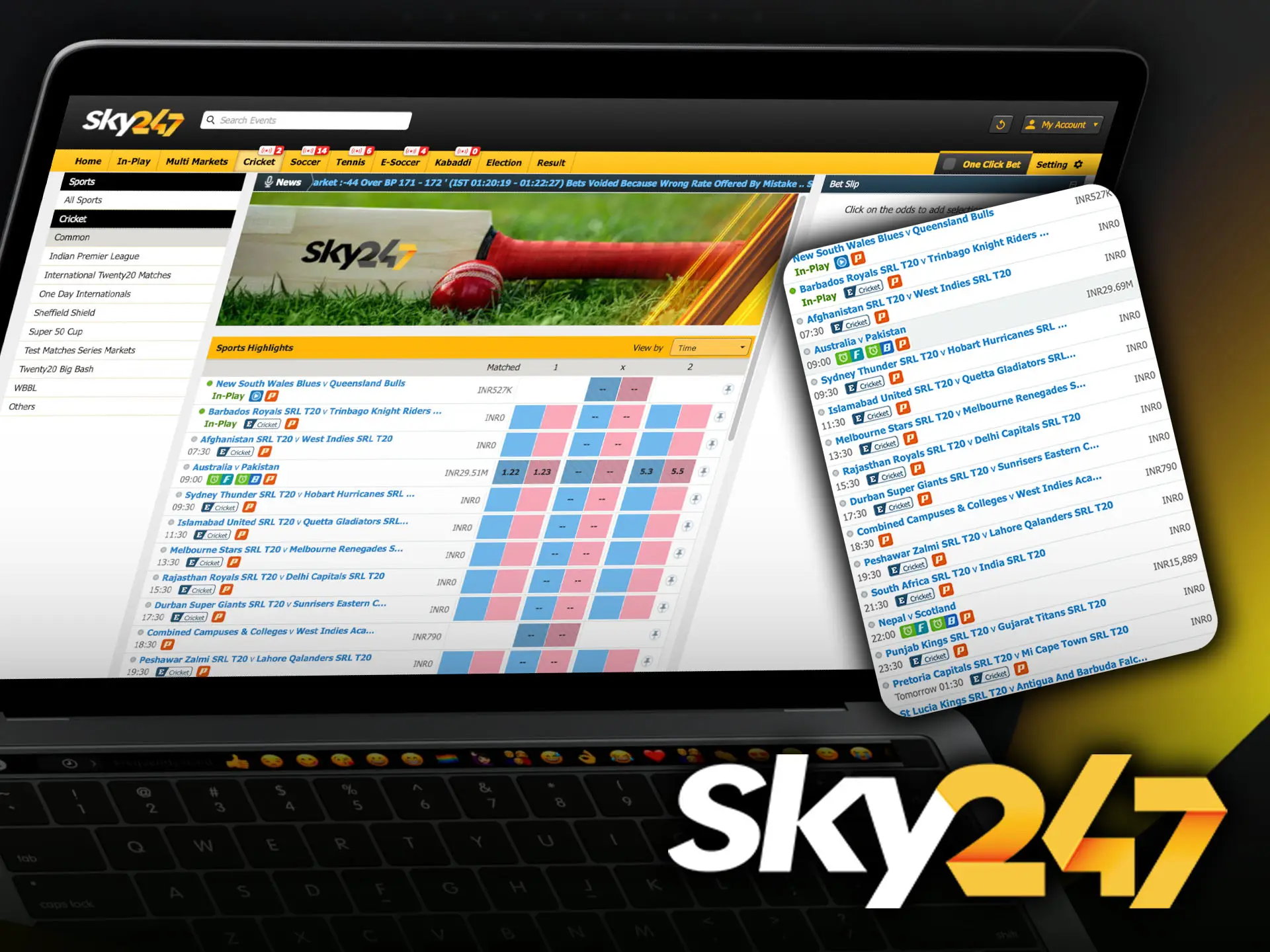 Explore the cricket tournaments available for betting at Sky247 bookmaker.