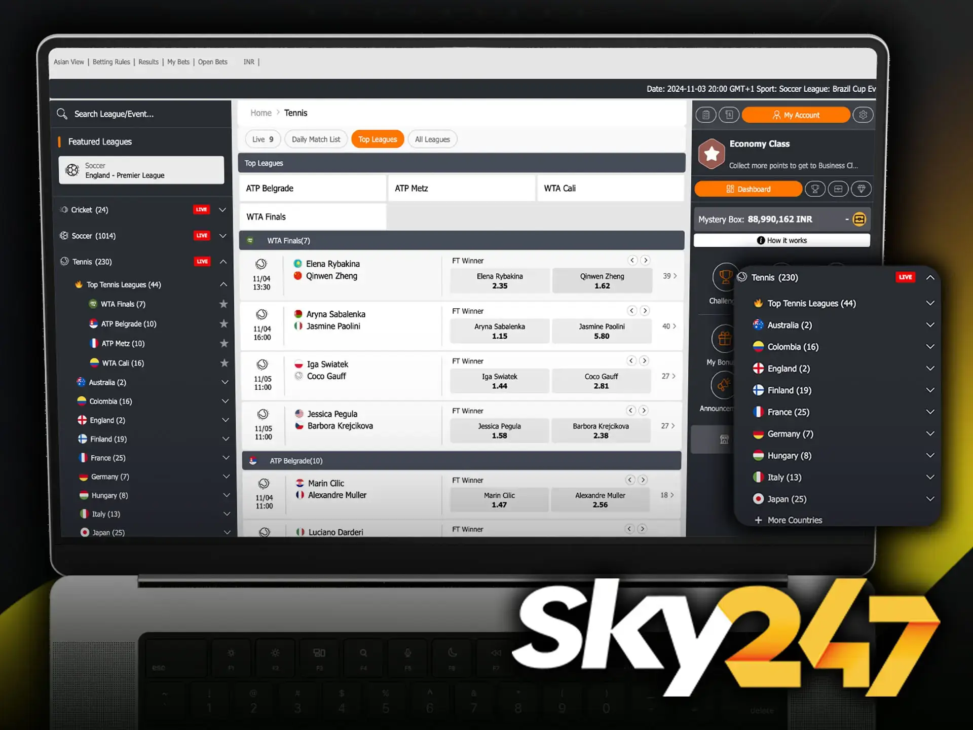 Watch the world's best tennis players play and make your outcomes at Sky247.