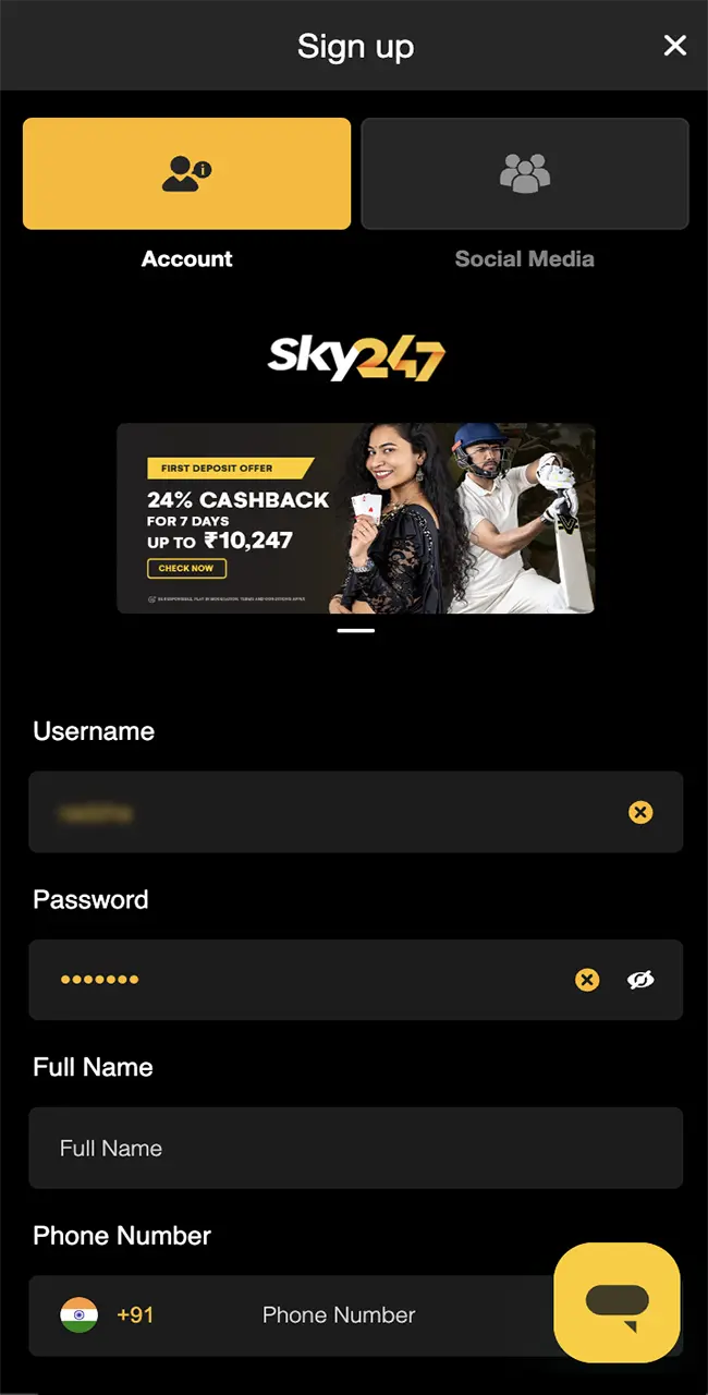 Carefully enter your username and password to quickly register with Sky247.